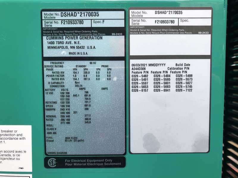 New Cummins DSHAD QSL9-G2 NR3 Diesel Generator, 0 Hrs, EPA Tier 3