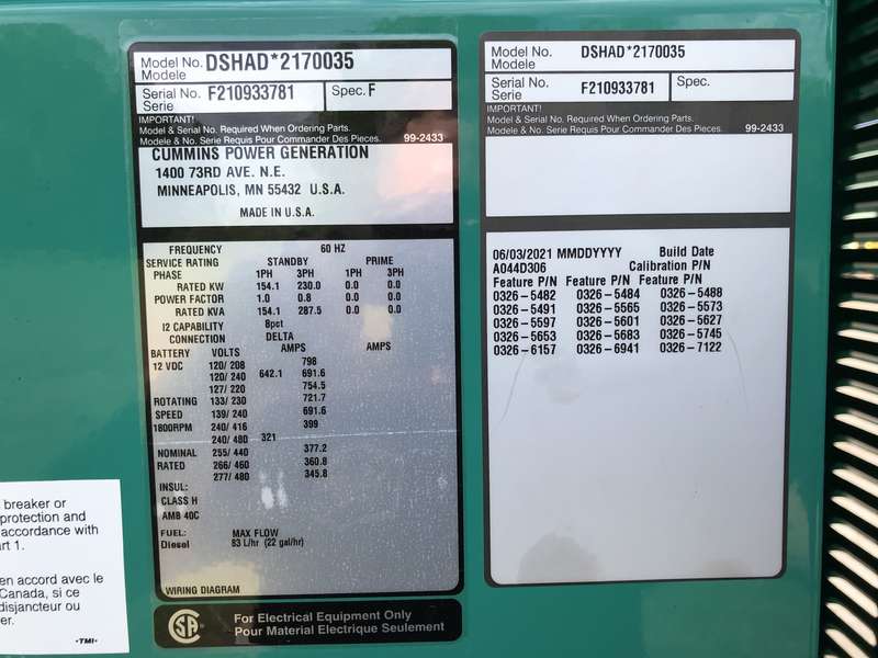 New Cummins DSHAD QSL9-G2 NR3 Diesel Generator, 0 Hrs, EPA Tier 3