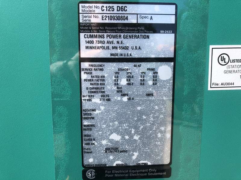 New Cummins C125D6C QSB5-G5 NR3 Diesel Generator, EPA Tier 3