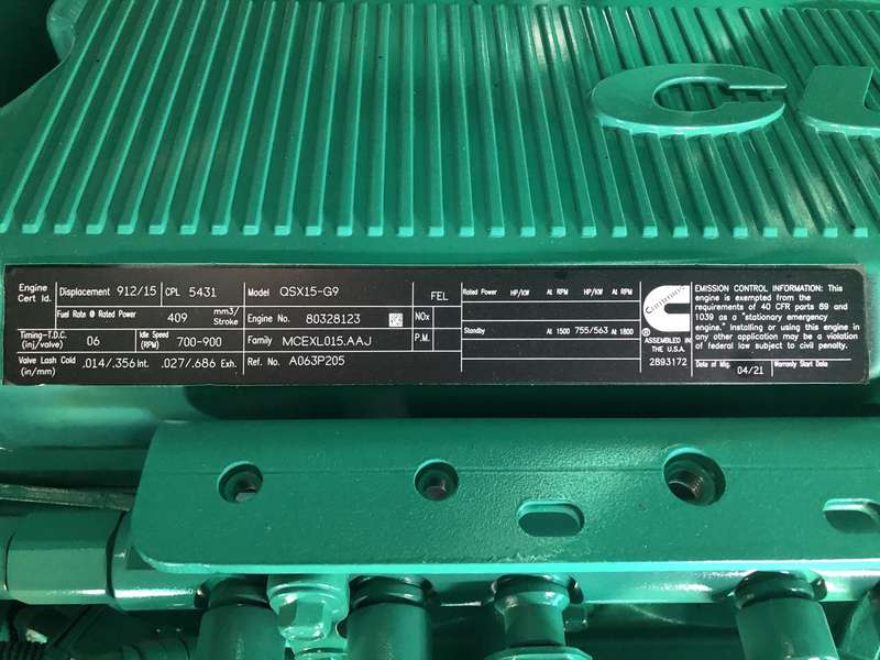 New Cummins DFEK QSX15-G9 Diesel Generator, 0 Hrs, EPA Tier 2
