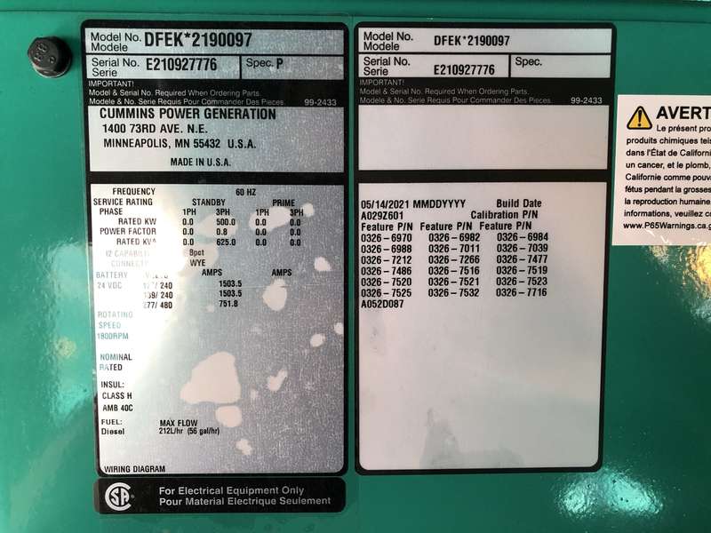 New Cummins DFEK QSX15-G9 Diesel Generator, 0 Hrs, EPA Tier 2