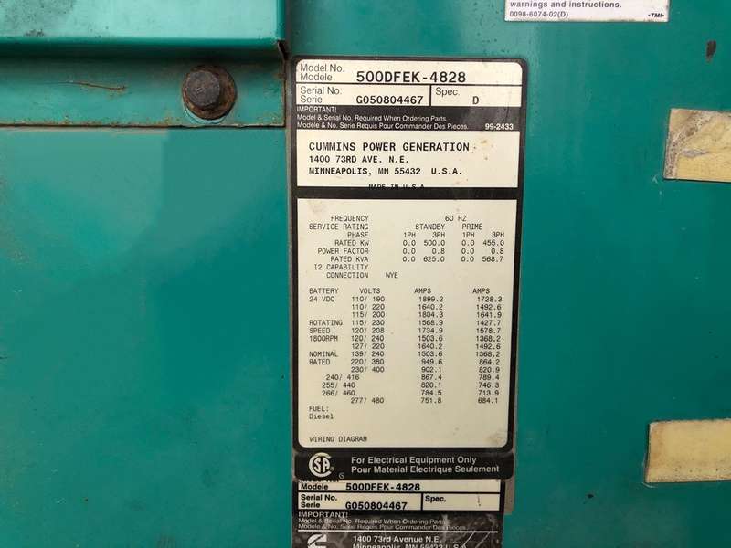 Used Cummins 500DFEK Rental Grade Diesel Generator 6501 Hrs EPA Tier 2