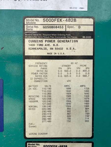 Used Cummins 500DFEK Rental Grade Diesel Generator 6522 Hrs EPA Tier 2