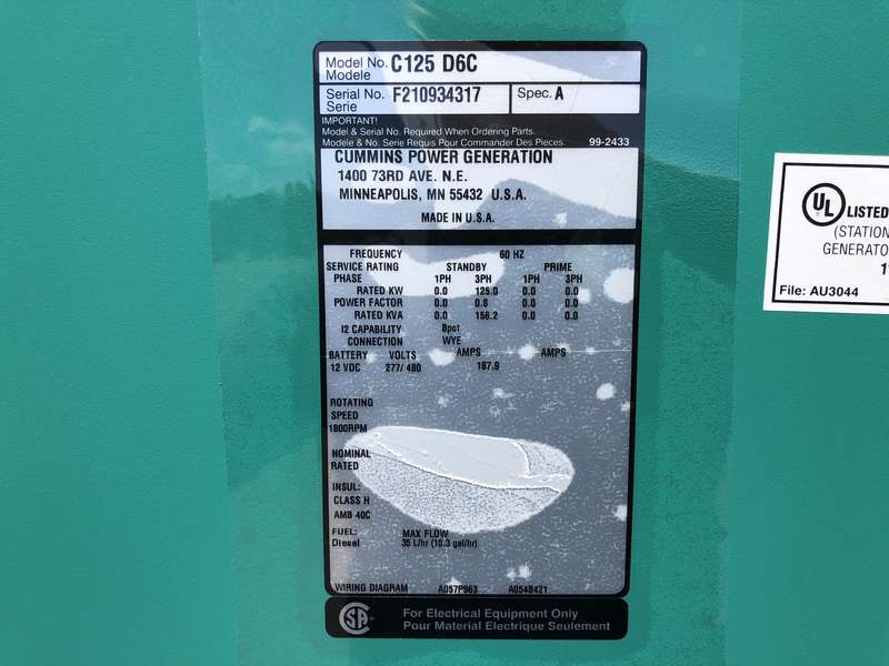 New Cummins C125D6C QSB5-G5 NR3 Diesel Generator, EPA Tier 3