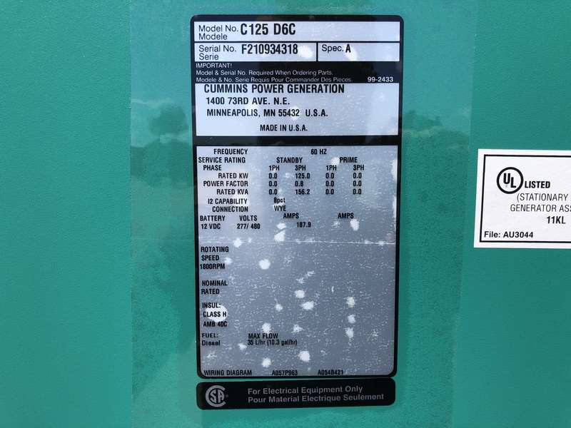 New Cummins C125D6C QSB5-G5 NR3 Diesel Generator, EPA Tier 3