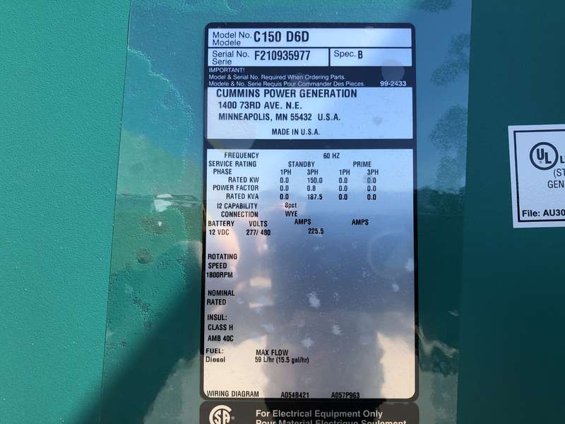 New Cummins C150D6D QSB7-G5 NR3 Diesel Generator, EPA Tier 3