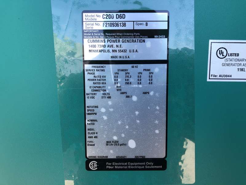 New Cummins C200D6D QSB7-G5 NR3 Diesel Generator, EPA Tier 3