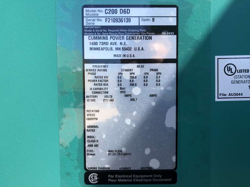 New Cummins C200D6D QSB7-G5 NR3 Diesel Generator, EPA Tier 3