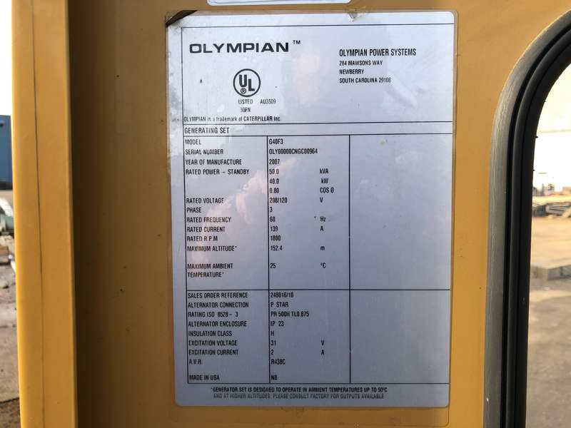 Used Caterpillar / Olympian G40F3 Natural Gas / Propane Generator, 278 Hrs