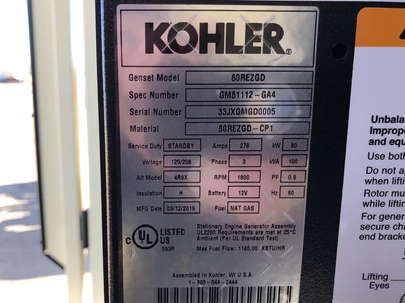 New Kohler 80REZGD Natural Gas / Propane Generator, 0 Hrs, EPA Certified