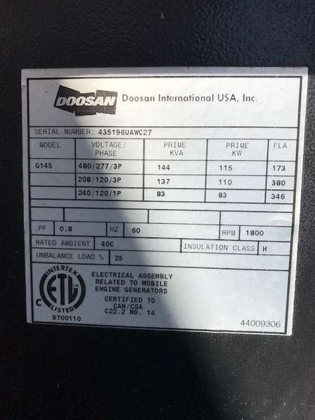 Used Doosan / John Deere G145 Rental Grade Diesel Generator 5829 Hrs EPA Tier 3