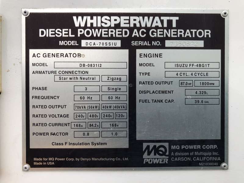 Used Multiquip DCA-70SSIU Rental Grade Diesel Generator, 43 Hrs, EPA Tier 3
