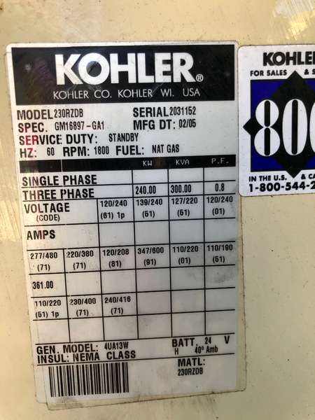 Used Kohler 230RZDB Natural Gas Generator, 367 Hrs