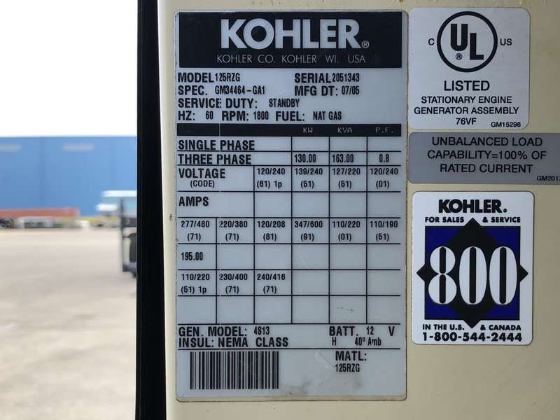 Used Kohler 125RZG Natural Gas / Propane Generator, 424 Hrs
