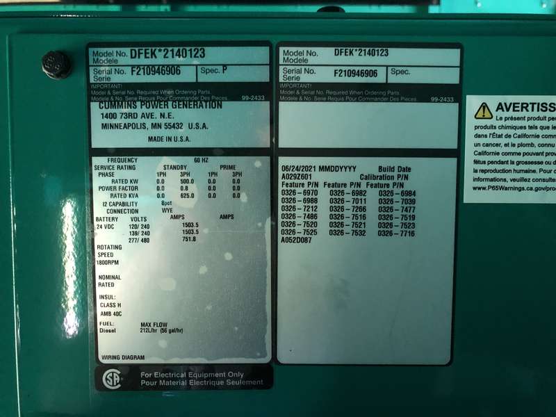 New Cummins DFEK QSX15-G9 Diesel Generator, 0 Hrs, EPA Tier 2