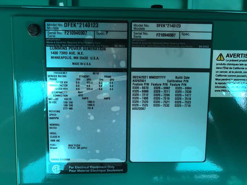 New Cummins DFEK QSX15-G9 Diesel Generator, 0 Hrs, EPA Tier 2