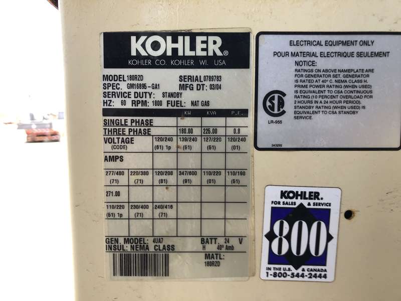 Used Kohler 180RZD Natural Gas Generator, 460 Hrs