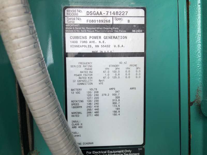 Used Cummins DSGAA QSB7-G5 NR3 Diesel Generator, 66 Hrs, EPA Tier 3