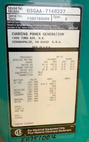 Used Cummins DSGAA QSB7-G5 NR3 Diesel Generator, 116 Hrs, EPA Tier 3