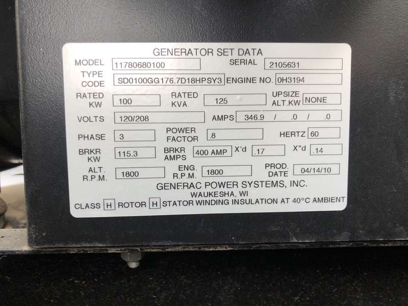Used Generac SD0100 Diesel Generator, 146 Hrs, EPA Tier 3