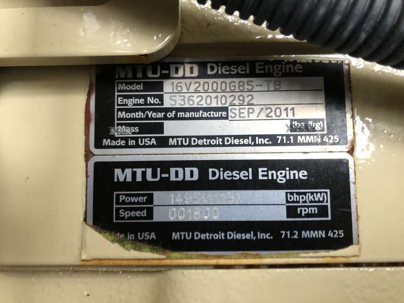 Used Kohler 1000REOZDD MTU 16V2000 Diesel Generator, 347 Hrs, EPA Tier 2