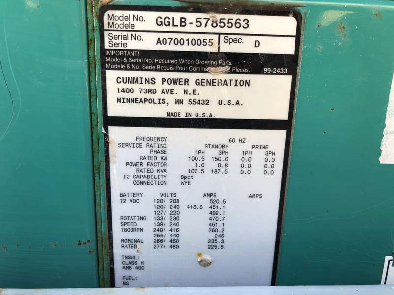 Used Cummins GGLB Natural Gas Generator, 211 Hrs