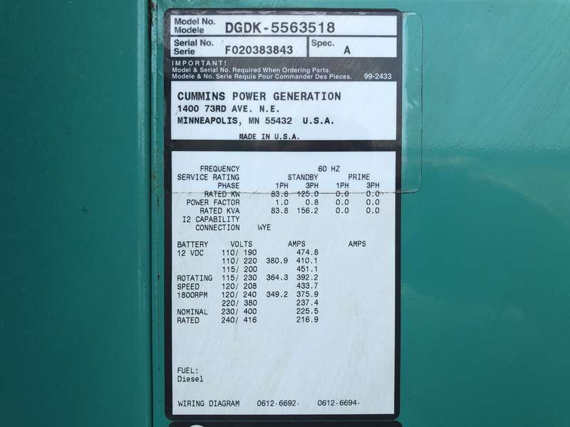 Used Cummins DGDK Diesel Generator, 521 Hrs