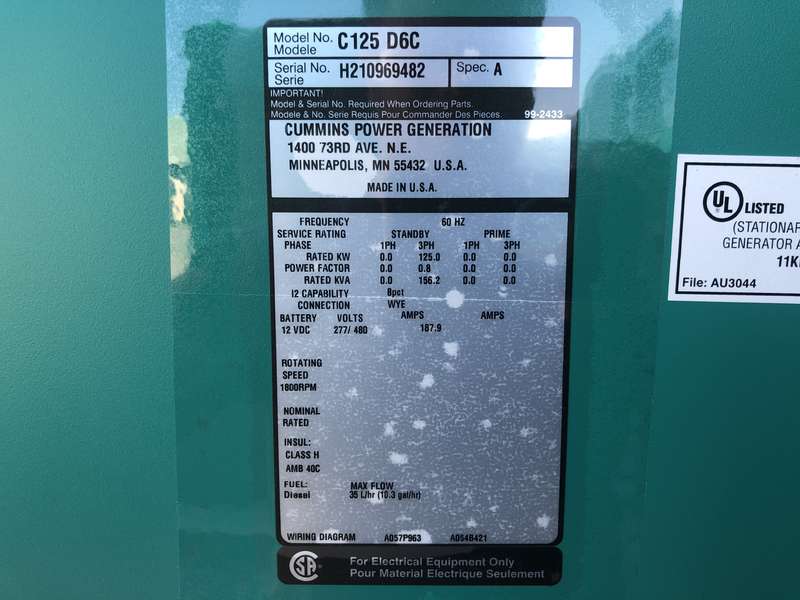 New Cummins C125D6C QSB5-G5 NR3 Diesel Generator, EPA Tier 3