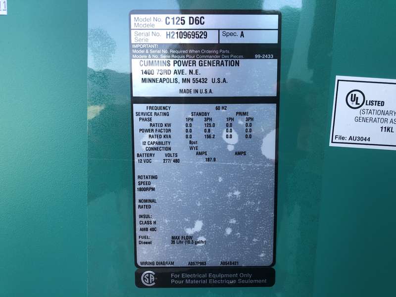 New Cummins C125D6C QSB5-G5 NR3 Diesel Generator, EPA Tier 3