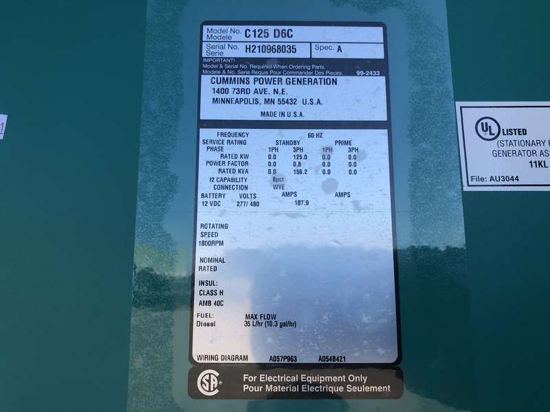 New Cummins C125D6C QSB5-G5 NR3 Diesel Generator, EPA Tier 3