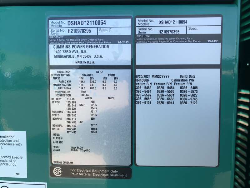 New Cummins DSHAD QSL9-G2 NR3 Diesel Generator EPA Tier 3
