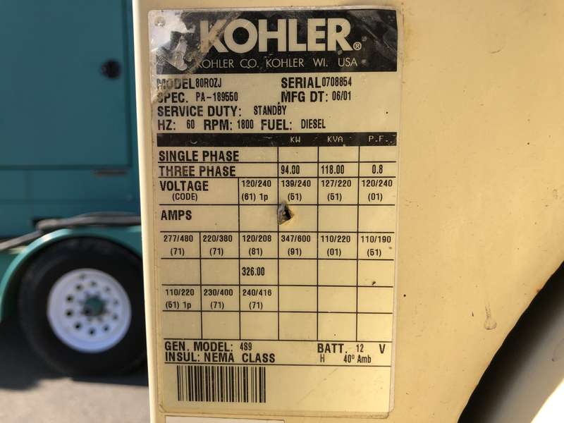 Used Kohler 80ROZJ Diesel Generator, 773 Hrs