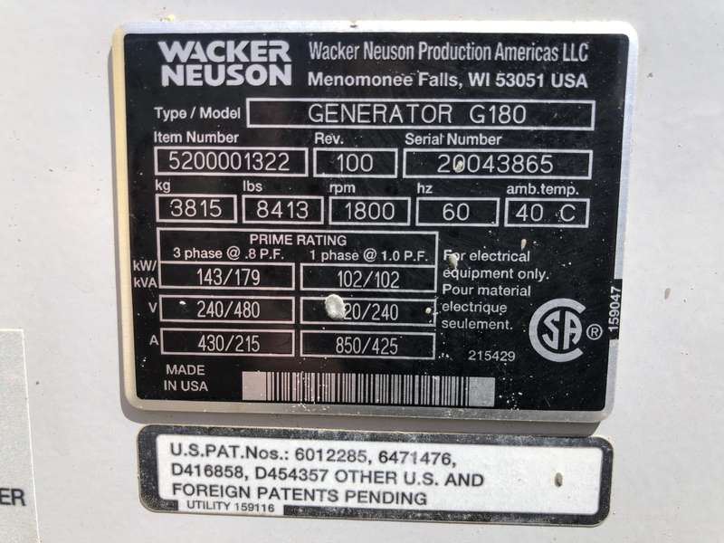 Used Wacker Neuson G180 Rental Grade Diesel Generator 8393 Hrs EPA Tier 3 Flex