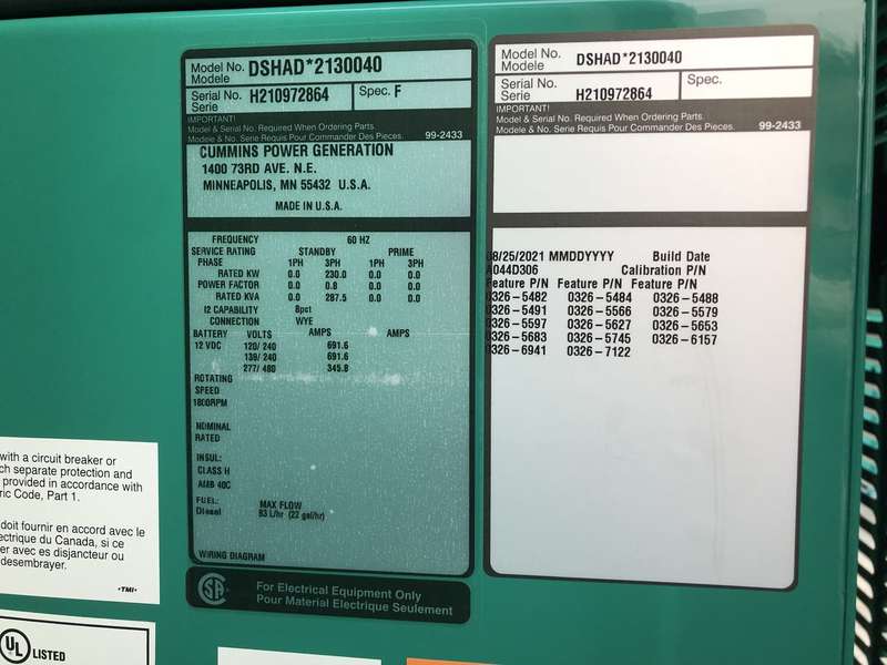 New Cummins DSHAD QSL9-G2 NR3 Diesel Generator EPA Tier 3