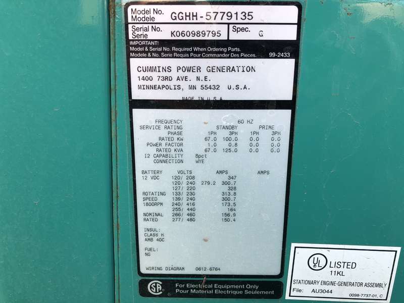 Used Cummins GGHH Natural Gas / Propane Generator, 181 Hrs