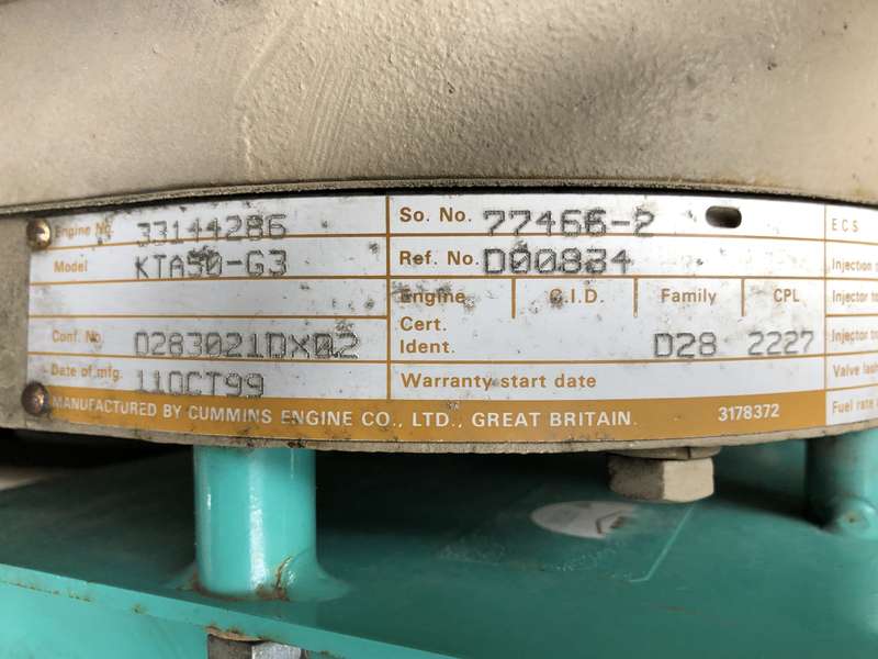 Used Cummins KTA50-G3 Diesel Generator, 92 Hrs