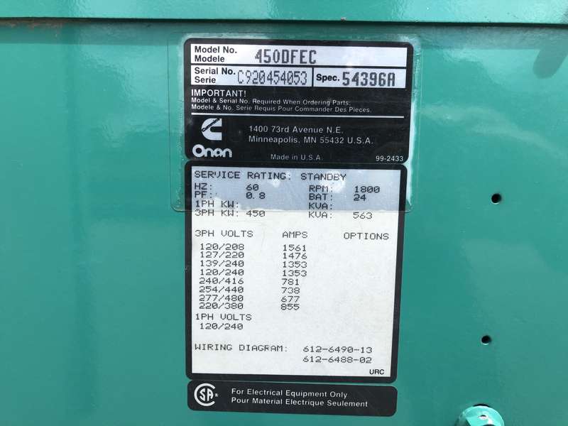 Used Cummins DFEC KTA19-G3 Diesel Generator, 1519 Hrs