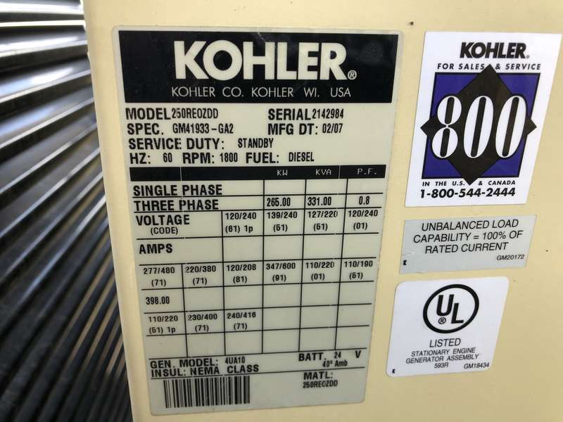 Used Kohler 250REOZDD  Diesel Generator, 3678 Hrs, EPA Tier 3