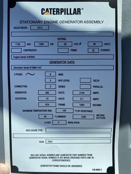 Used Caterpillar 3512B Diesel Generator, 198 Hrs