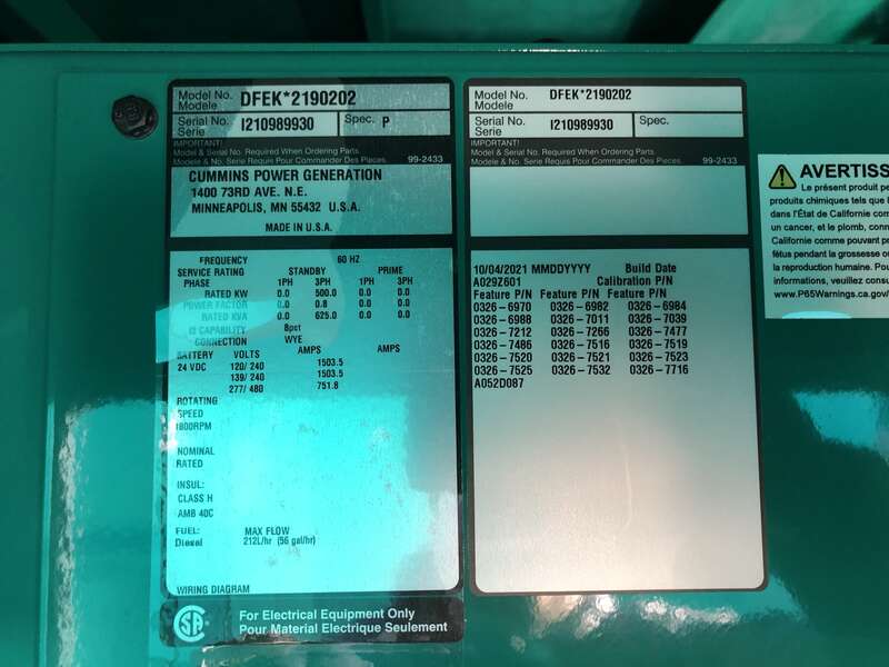 New Cummins DFEK QSX15-G9 Diesel Generator EPA Tier 2