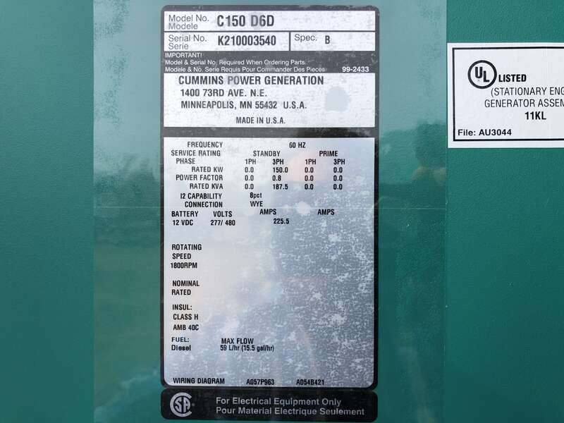 New Cummins C150D6D QSB7-G5 NR3 Diesel Generator, EPA Tier 3