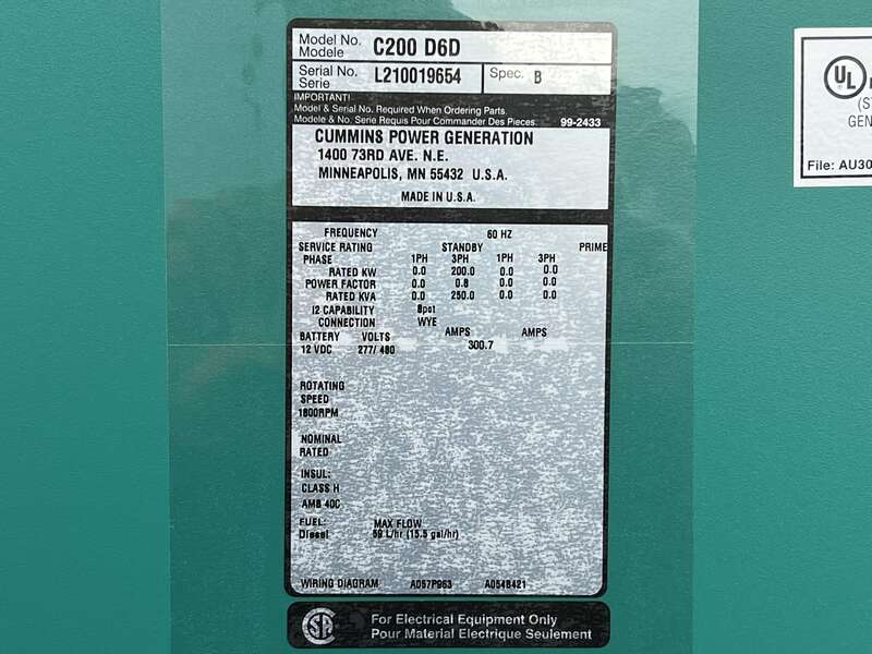 New Cummins C200D6D QSB7-G5 NR3 Diesel Generator, EPA Tier 3