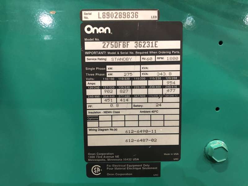 Used Cummins 275DFBF NT855-G6 Diesel Generator, 536 Hrs