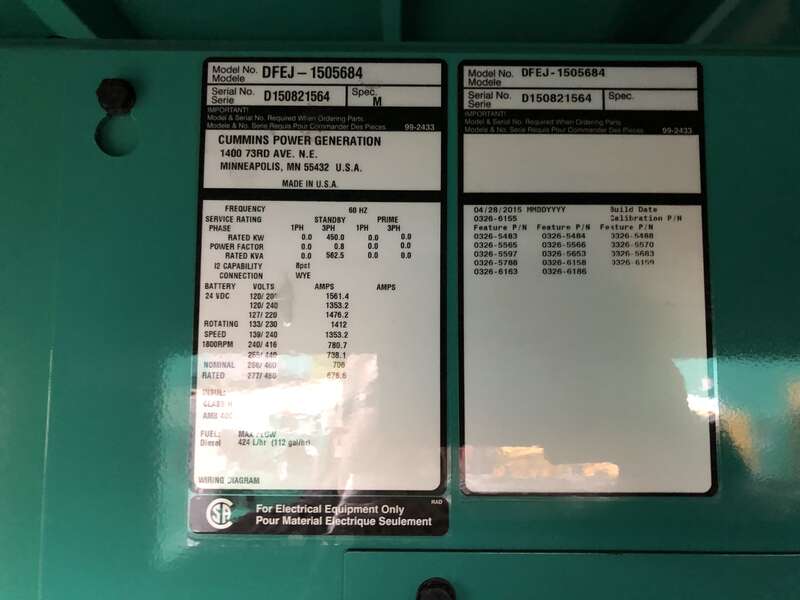 Used Cummins DFEJ QSX15-G9 NR2 Diesel Generator 134 Hrs EPA Tier 2