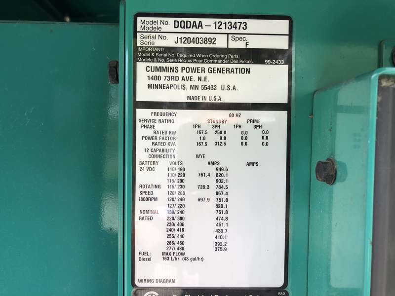 Used Cummins DQDAA QSL9-G3 NR3 Diesel Generator, 425 Hrs, EPA Tier 3
