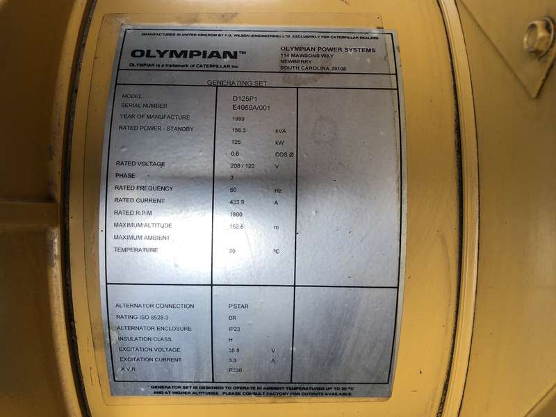 Used Caterpillar Olympian D125P1 Diesel Generator, 534 Hrs