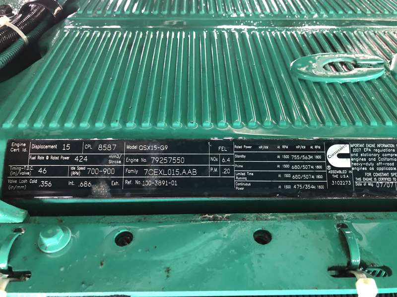 Used Cummins DFEG QSX15-G9 NR2 Diesel Generator, 491 Hrs EPA Tier 2