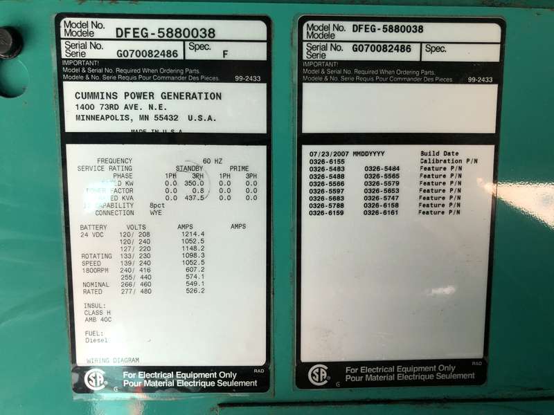 Used Cummins DFEG QSX15-G9 NR2 Diesel Generator, 491 Hrs EPA Tier 2