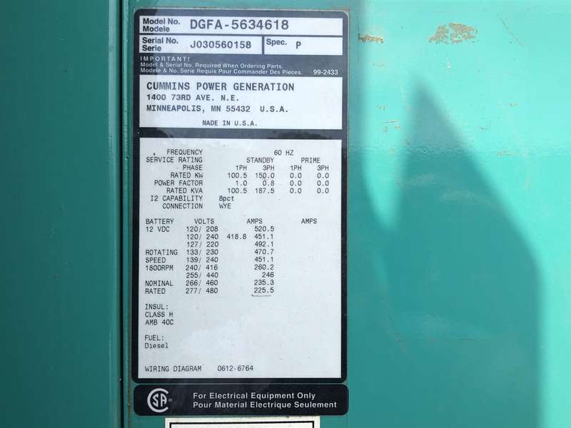 Used Cummins DGFA Diesel Generator, 395 Hrs