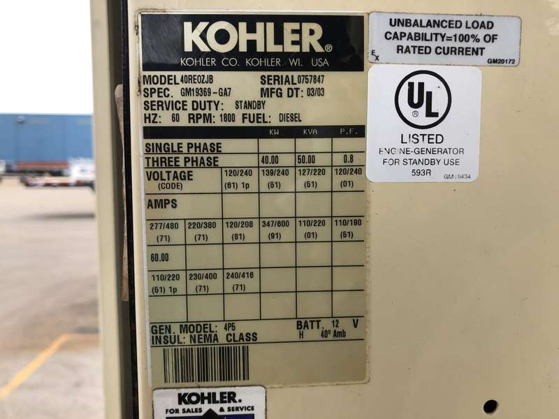 Used Kohler 40REOZJB Diesel Generator, 679 Hrs